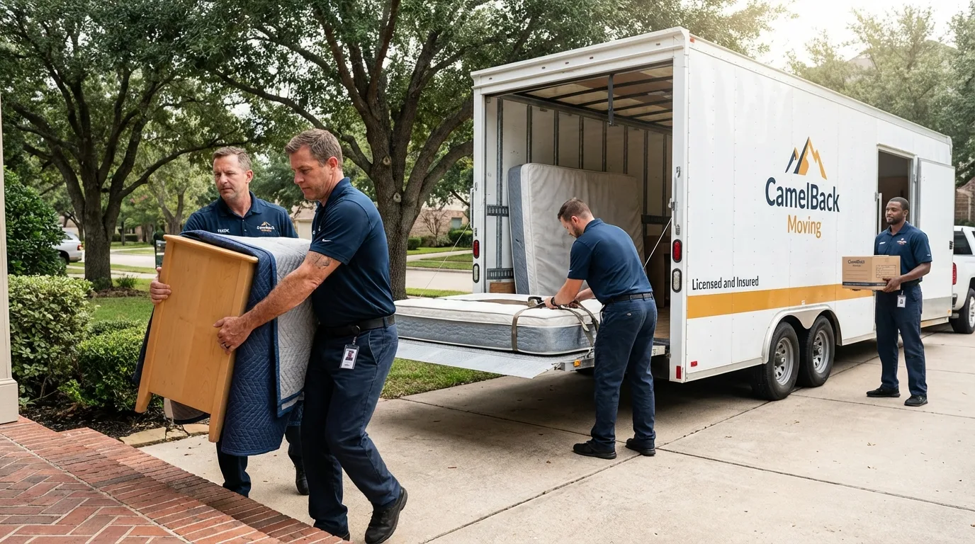 Crew loading residential truck for cross-state move from Fessenden, ND