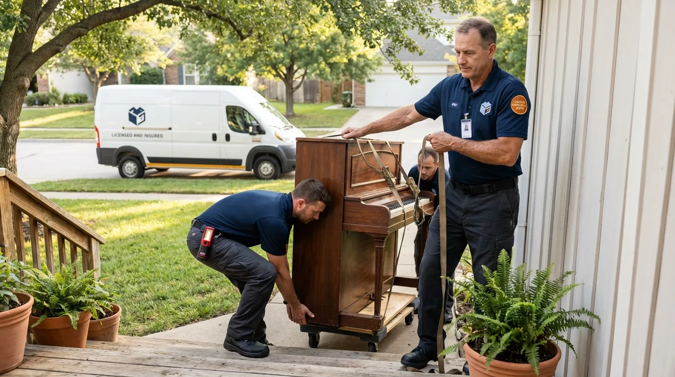 Licensed piano movers securing grand piano in Fessenden, ND