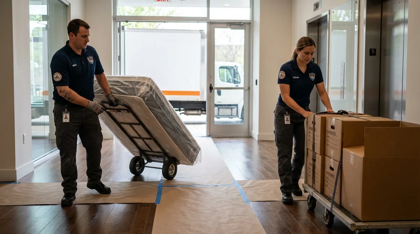 Professional apartment movers loading elevator in Fessenden, ND